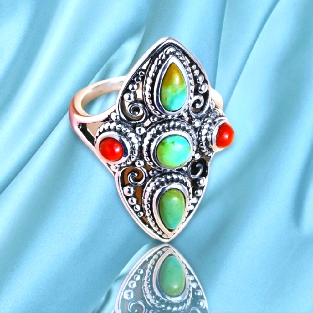 NWT ARTISAN CRAFTED SONORAN GOLD TURQUOISE & CORAL STERLING SILVER RING SZ 8.0